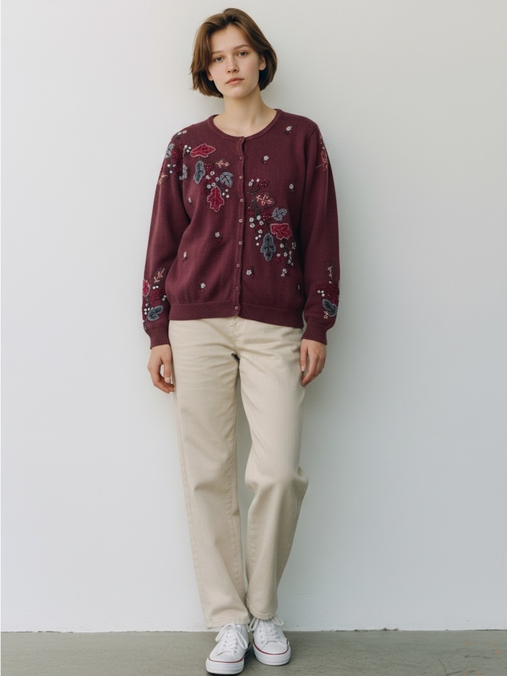 Vintage Tiara Embroidered Burgundy Floral Cardigan Jacket - Women